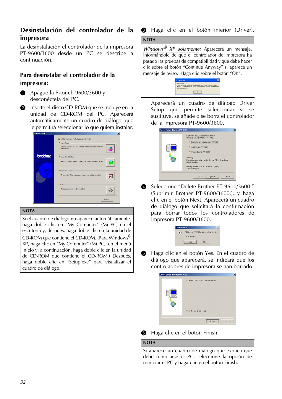 Desinstalación del controlador de la impresora | Brother PT-3600 User Manual | Page 170 / 212