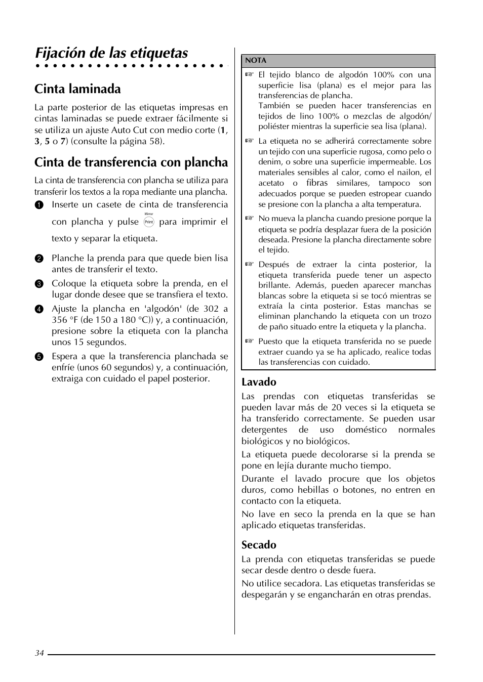 Fijación de las etiquetas, Cinta laminada, Cinta de transferencia con plancha | Lavado, Secado | Brother PT-3600 User Manual | Page 172 / 212