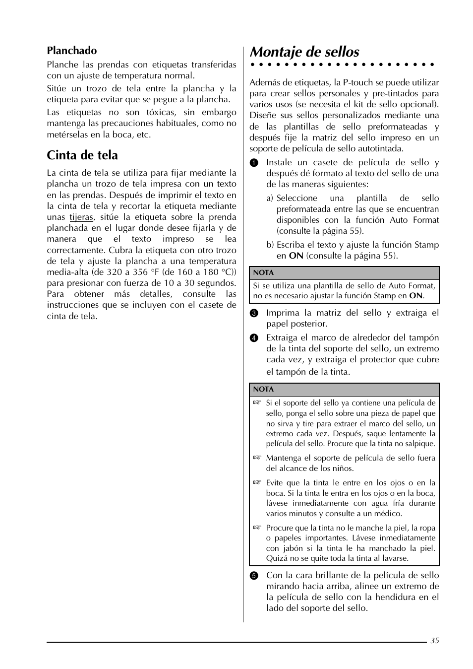 Montaje de sellos, Cinta de tela, Planchado | Brother PT-3600 User Manual | Page 173 / 212