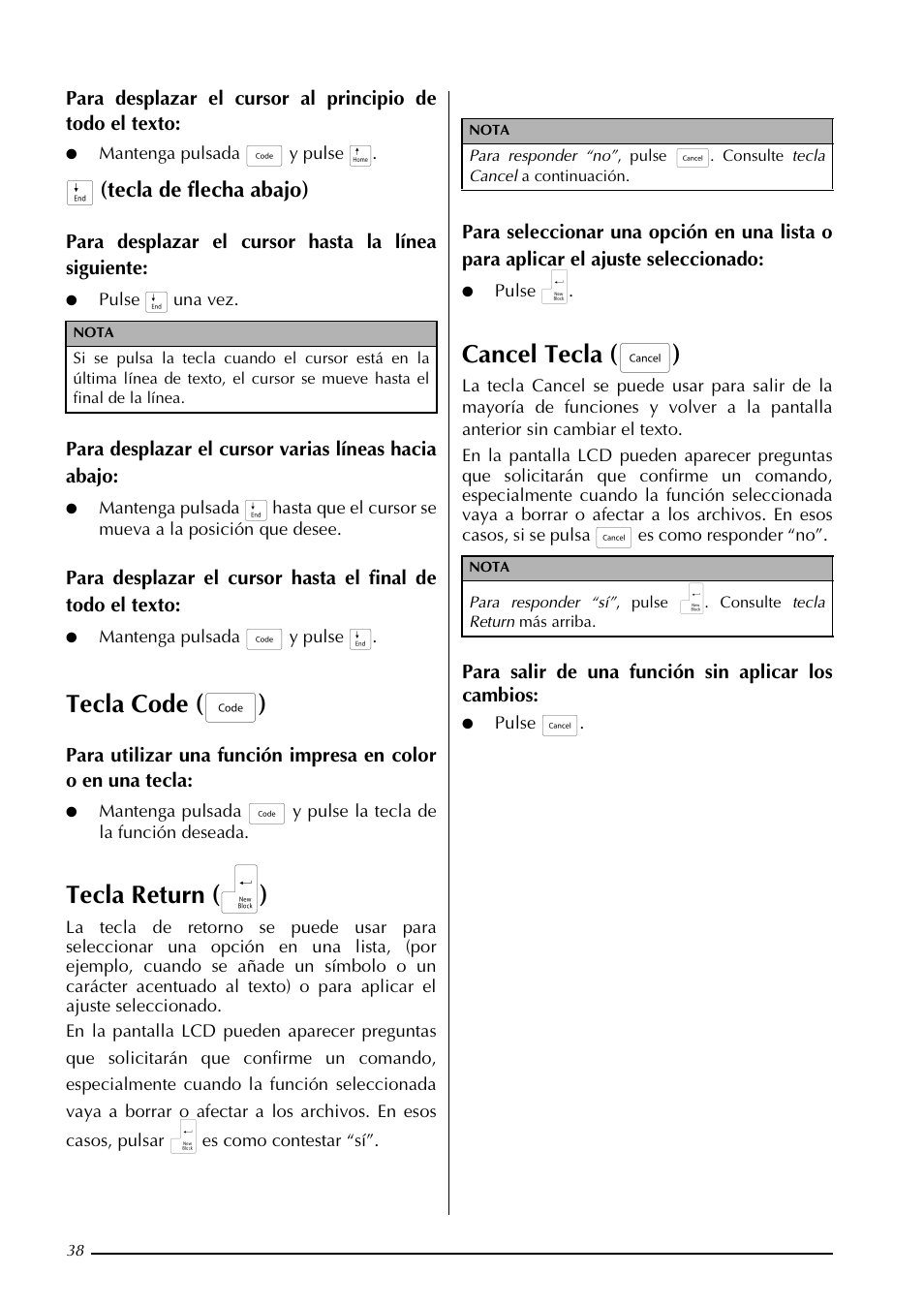 Tecla code ( d ), Tecla return ( n ), Cancel tecla ( e ) | G (tecla de flecha abajo) | Brother PT-3600 User Manual | Page 176 / 212