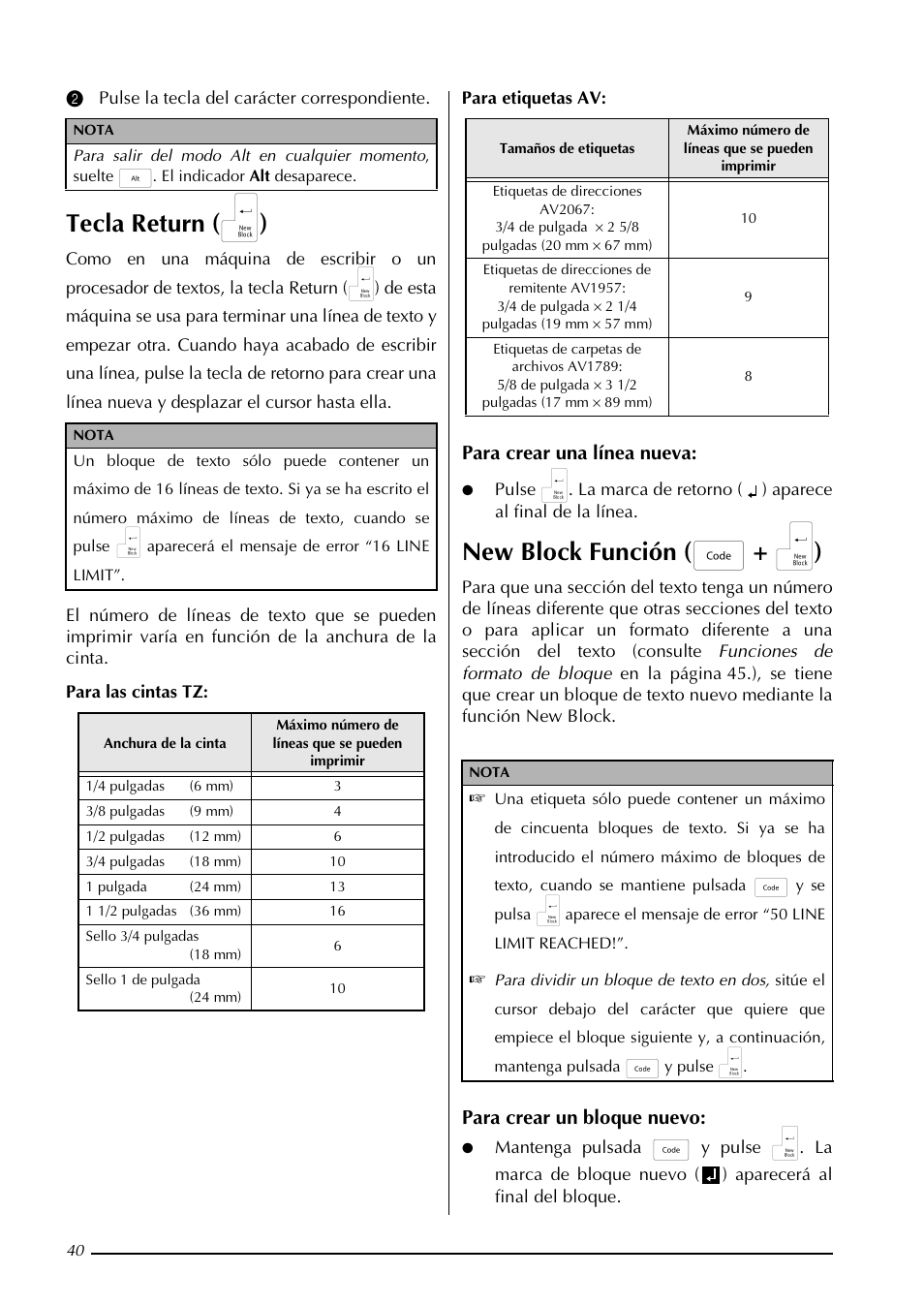 Tecla return ( n ), New block función ( d + n ), Para crear una línea nueva | Para crear un bloque nuevo | Brother PT-3600 User Manual | Page 178 / 212