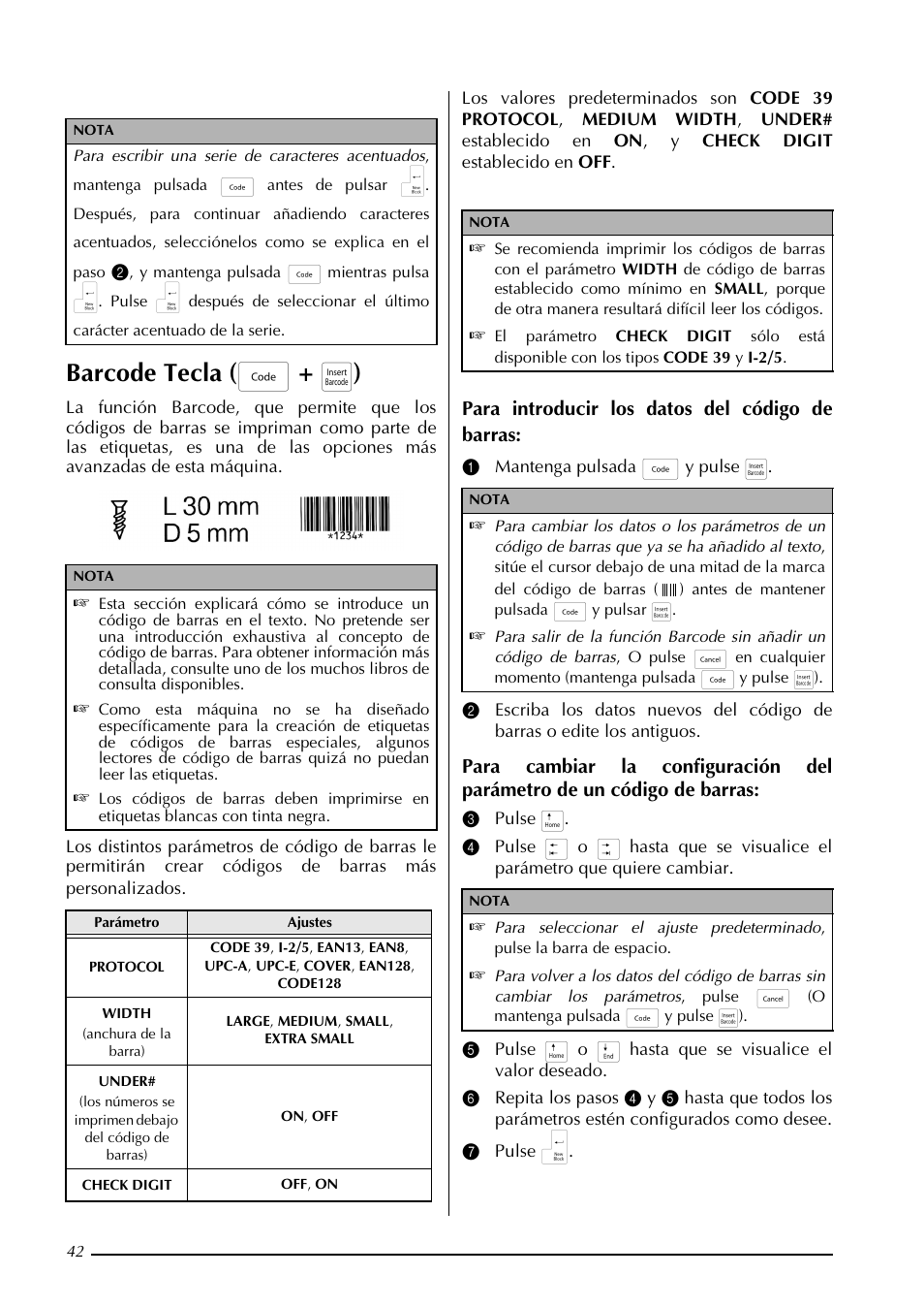 Barcode tecla ( d + i ), Para introducir los datos del código de barras | Brother PT-3600 User Manual | Page 180 / 212