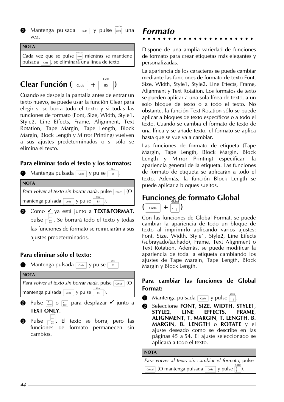 Formato, Clear función ( d + b ), Funciones de formato global ( d + 1 ) | Brother PT-3600 User Manual | Page 182 / 212