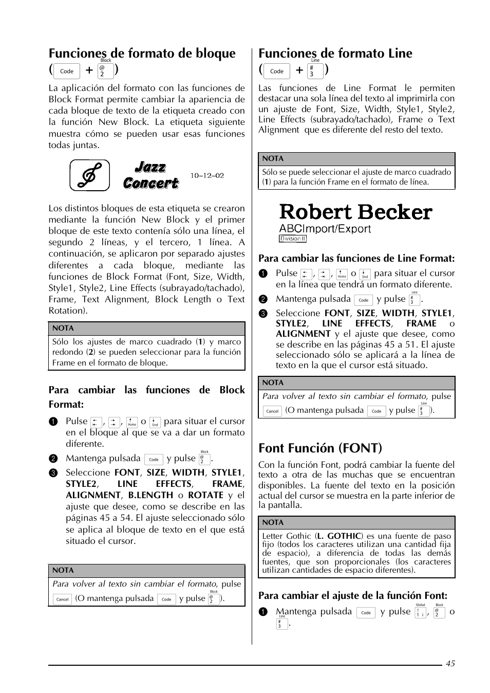 Funciones de formato de bloque ( d + 2 ), Funciones de formato line ( d + 3 ), Font función (font) | Brother PT-3600 User Manual | Page 183 / 212