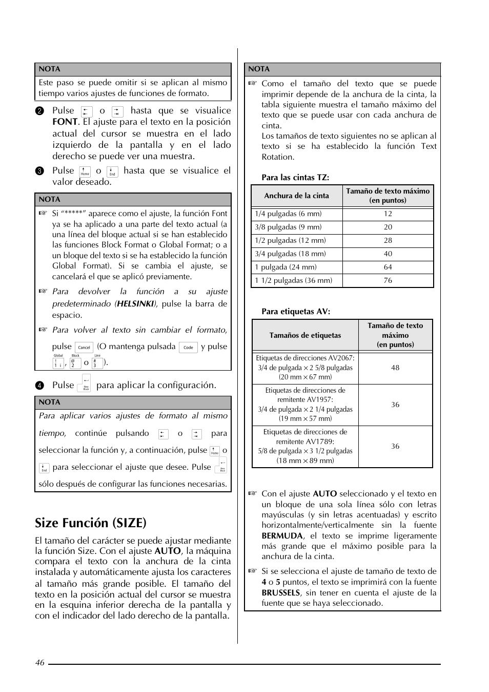 Size función (size) | Brother PT-3600 User Manual | Page 184 / 212