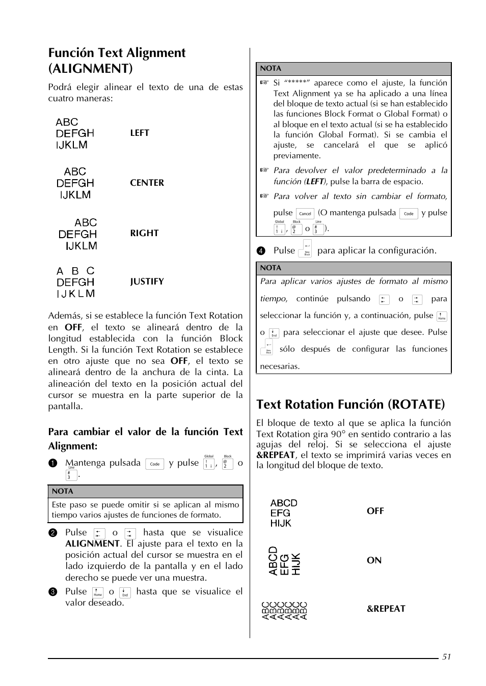 Función text alignment (alignment), Text rotation función (rotate) | Brother PT-3600 User Manual | Page 189 / 212