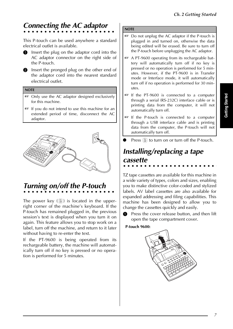 Connecting the ac adaptor, Turning on/off the p-touch, Installing/replacing a tape cassette | P. 7, Installing/replacing a tape, Cassette | Brother PT-3600 User Manual | Page 19 / 212