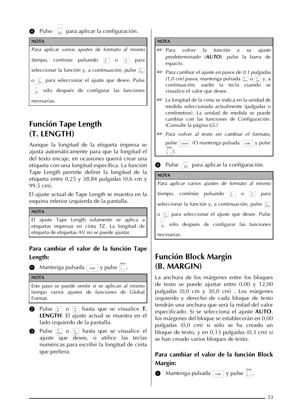 Función tape length (t. length), Función block margin (b. margin) | Brother PT-3600 User Manual | Page 191 / 212