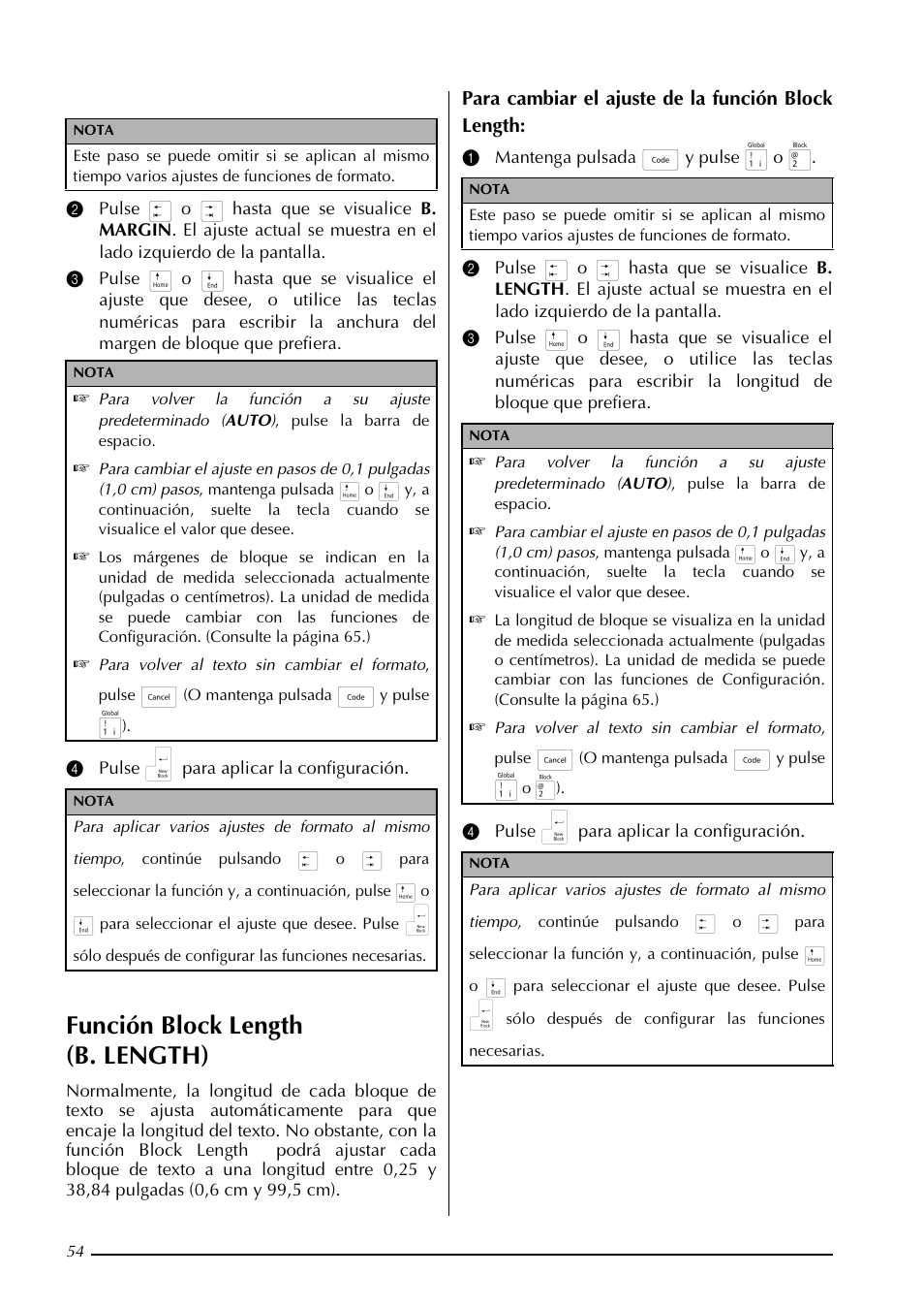 A 54, Función block length (b. length) | Brother PT-3600 User Manual | Page 192 / 212