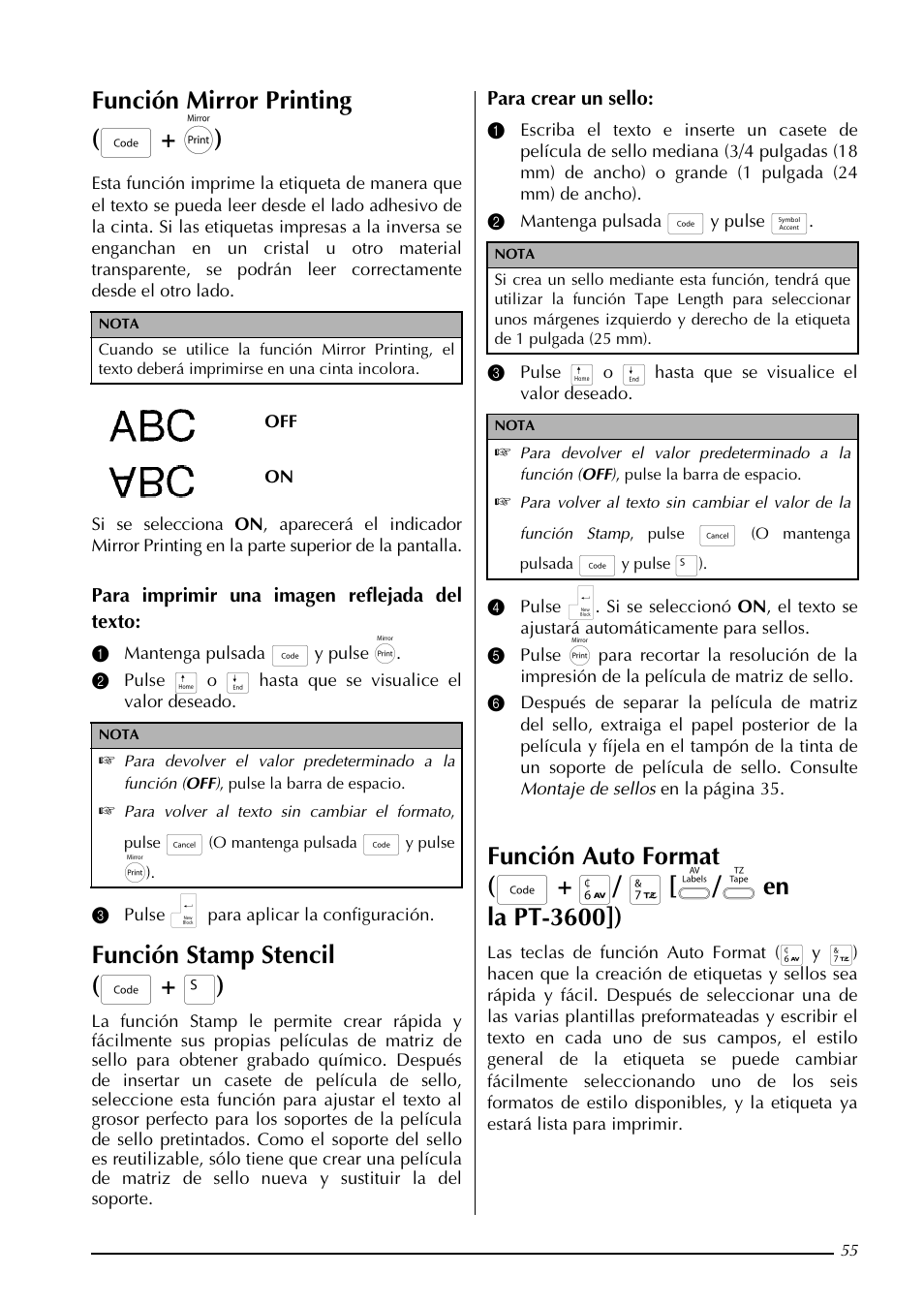 Función mirror printing ( d + p ), Función stamp stencil ( d + s ) | Brother PT-3600 User Manual | Page 193 / 212