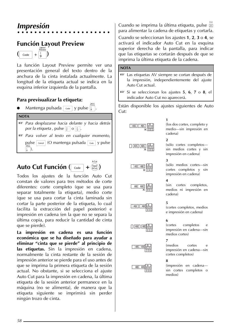 Impresión, Función layout preview ( d, Auto cut función ( d | Brother PT-3600 User Manual | Page 196 / 212