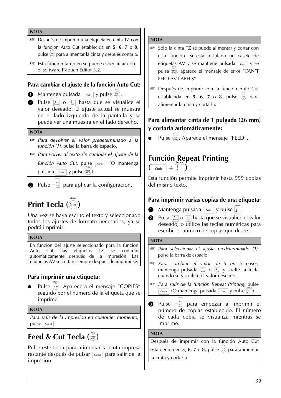 Print tecla ( p ), Feed & cut tecla, Función repeat printing ( d | Brother PT-3600 User Manual | Page 197 / 212