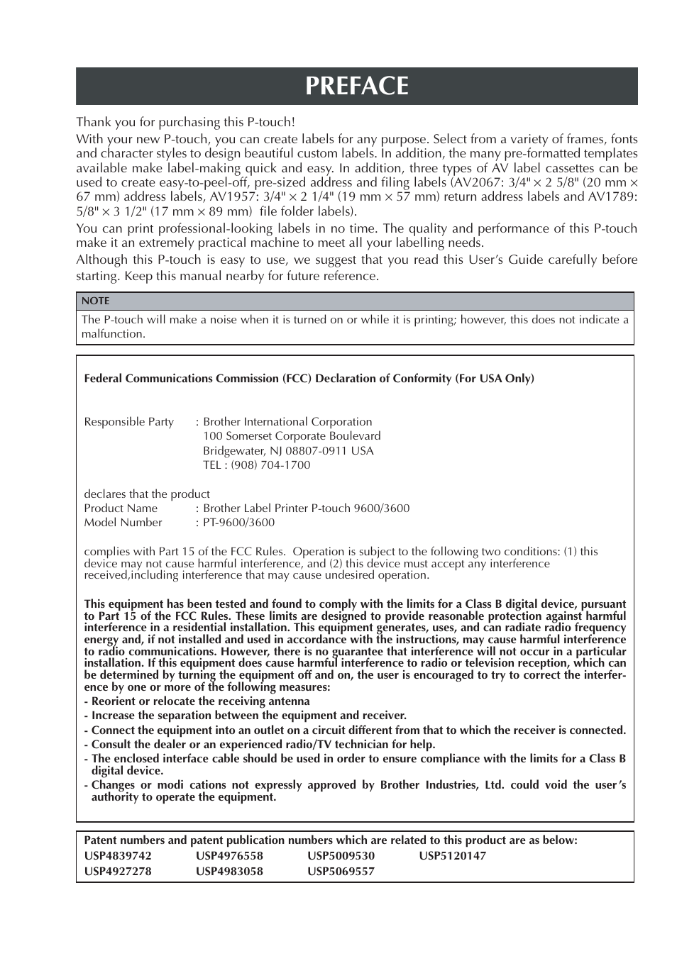 Preface | Brother PT-3600 User Manual | Page 2 / 212