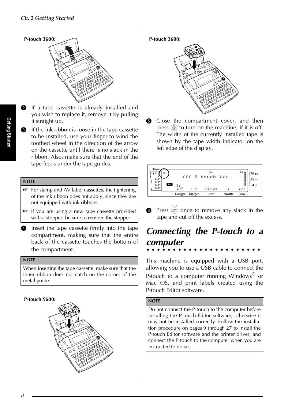 Connecting the p-touch to a computer, Connecting the p-touch to a, Computer | Ch. 2 getting started, Ge tt in g s ta rte d | Brother PT-3600 User Manual | Page 20 / 212