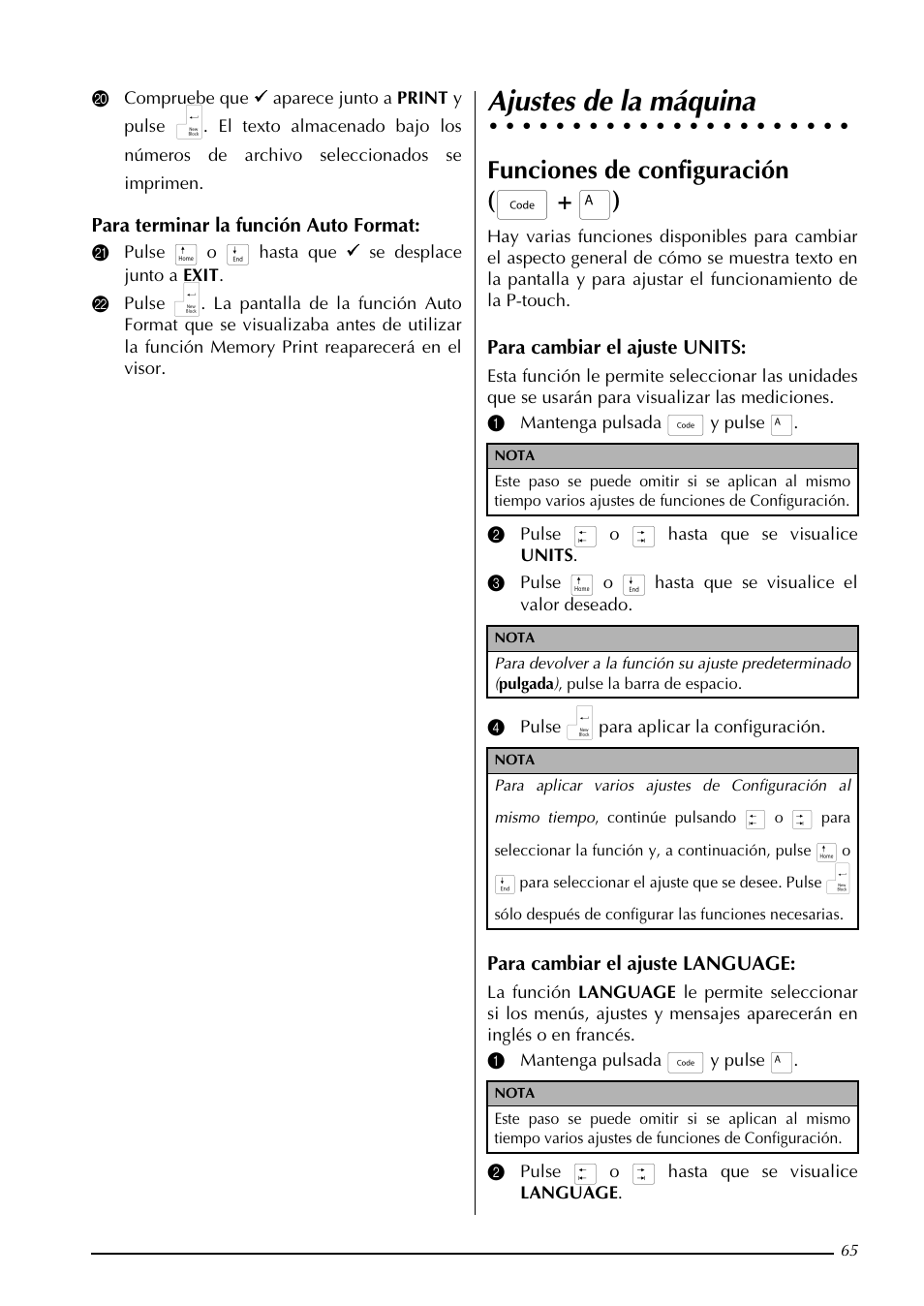 Ajustes de la máquina, Funciones de configuración ( d + a ) | Brother PT-3600 User Manual | Page 203 / 212