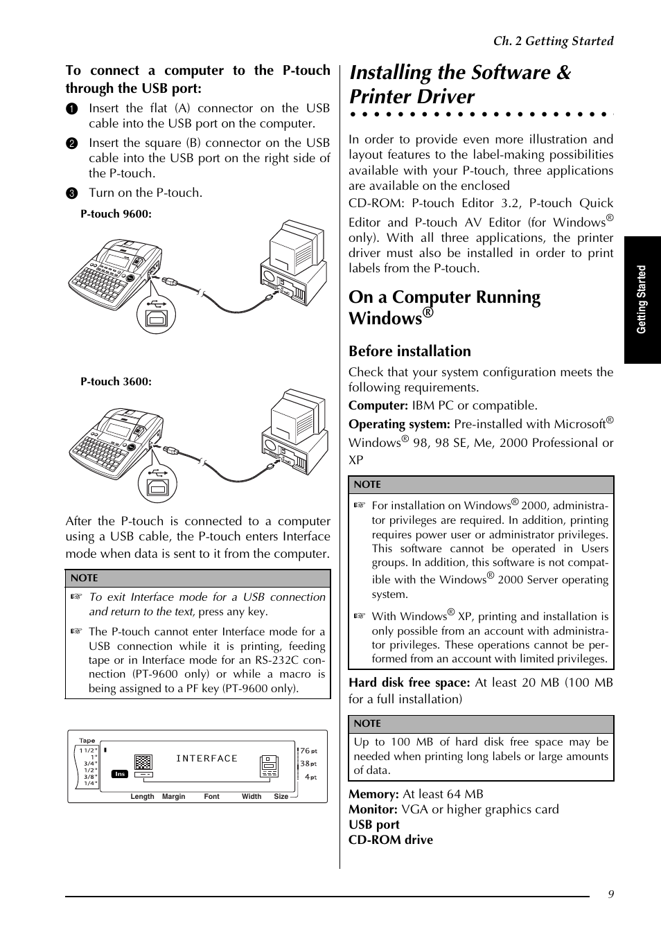 Installing the software & printer driver, Installing the software, Printer driver | On a computer running windows, Before installation, Ch. 2 getting started, Windows | Brother PT-3600 User Manual | Page 21 / 212