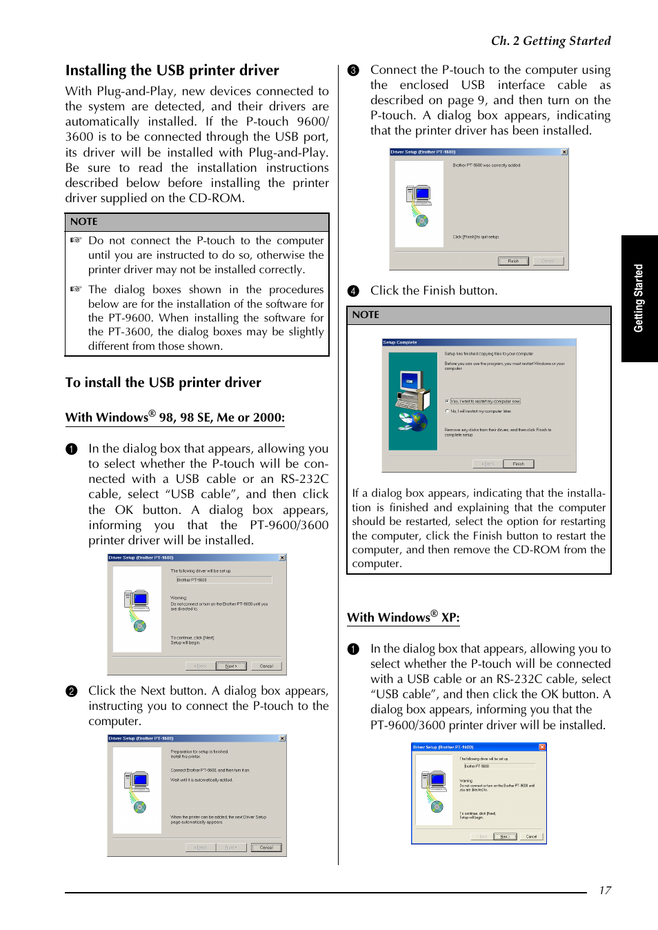 Installing the usb printer driver | Brother PT-3600 User Manual | Page 29 / 212