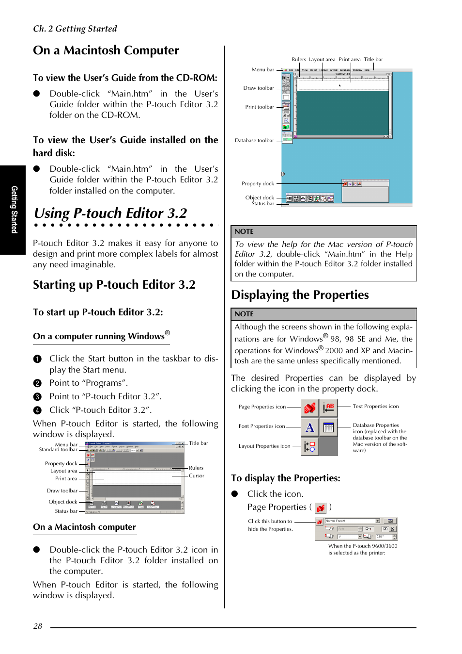 Using p-touch editor 3.2, On a macintosh computer, Starting up p-touch editor 3.2 | Displaying the properties | Brother PT-3600 User Manual | Page 40 / 212