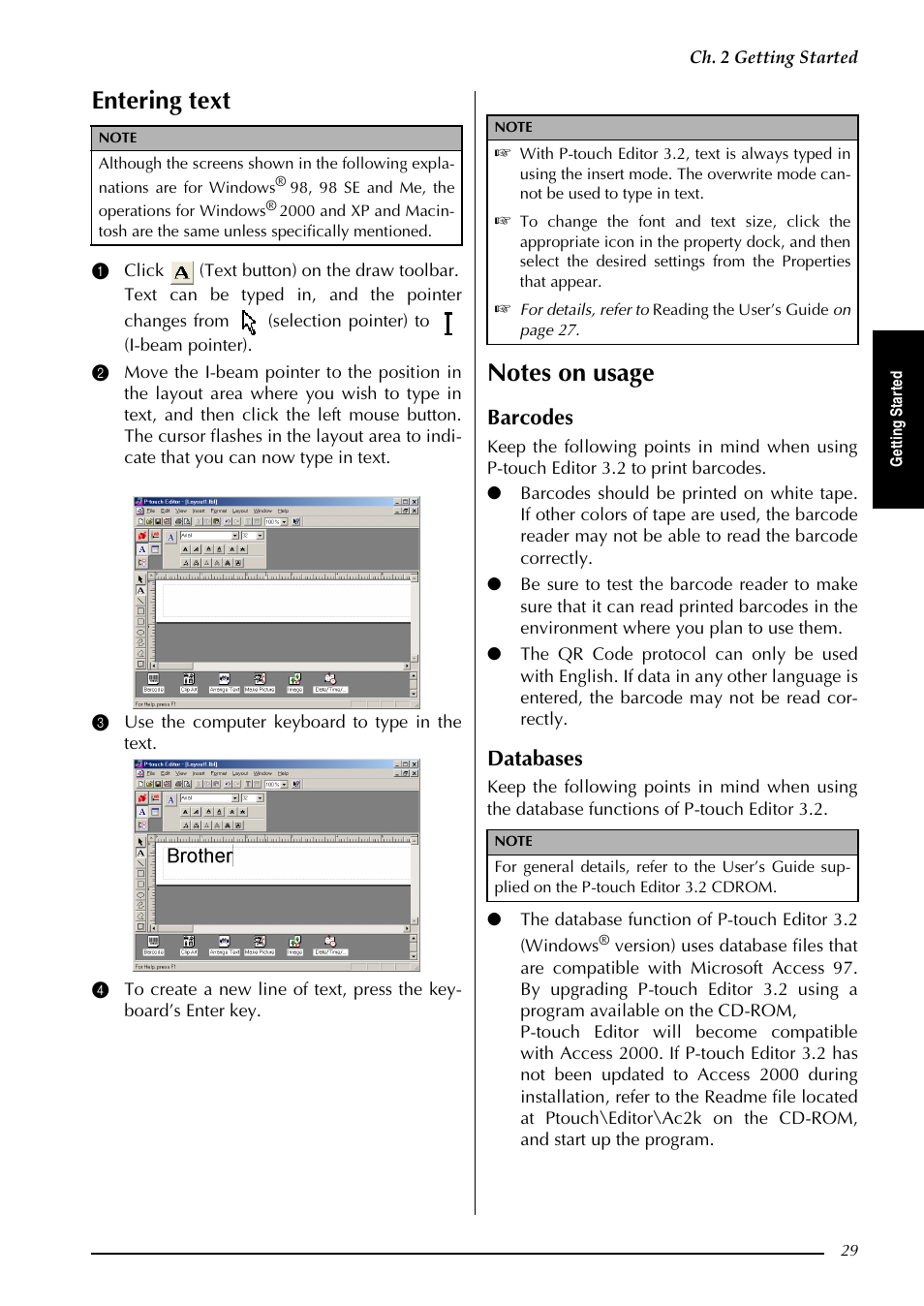 Entering text, Barcodes, Databases | Brother PT-3600 User Manual | Page 41 / 212