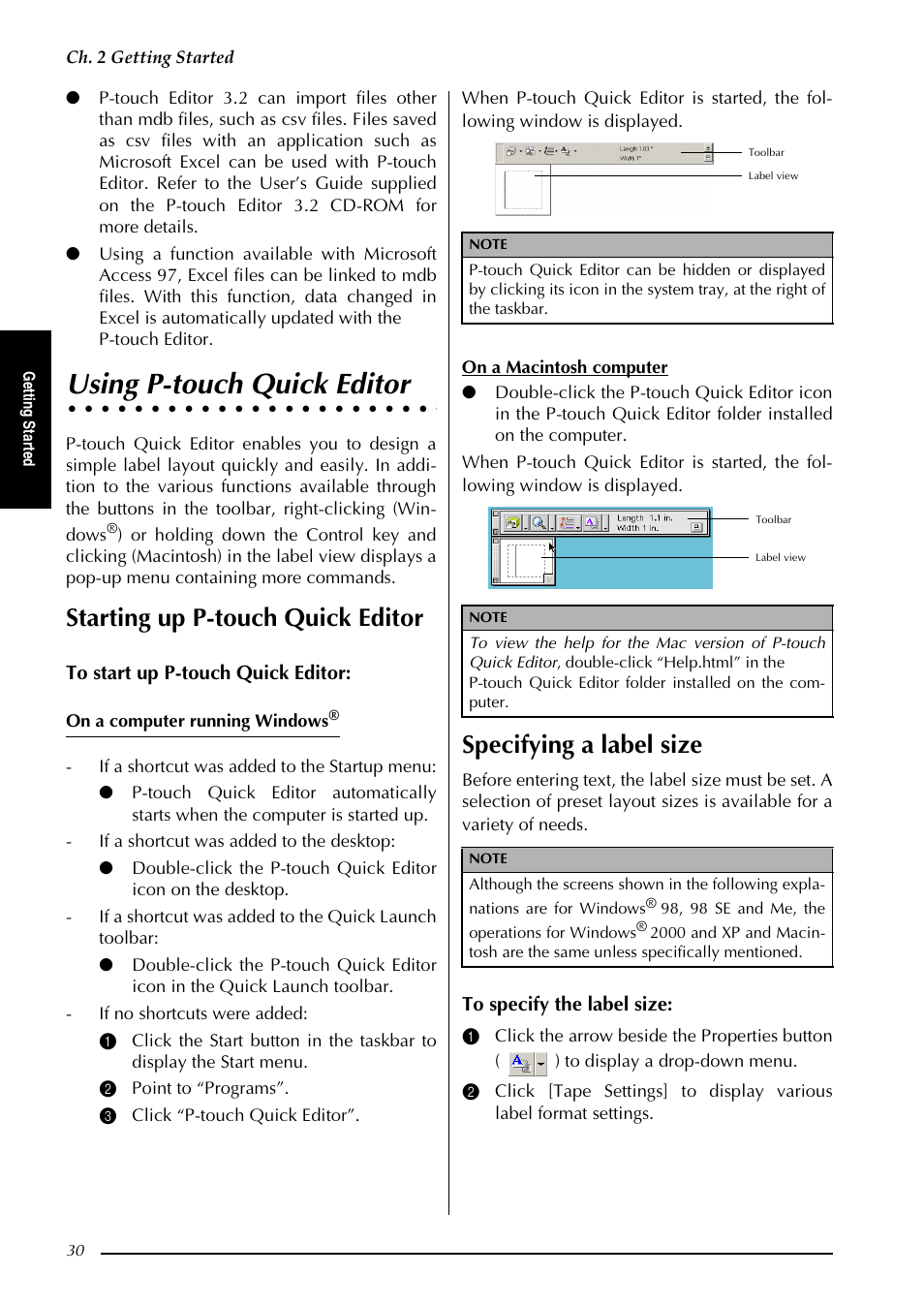 Using p-touch quick editor, Starting up p-touch quick editor, Specifying a label size | Brother PT-3600 User Manual | Page 42 / 212