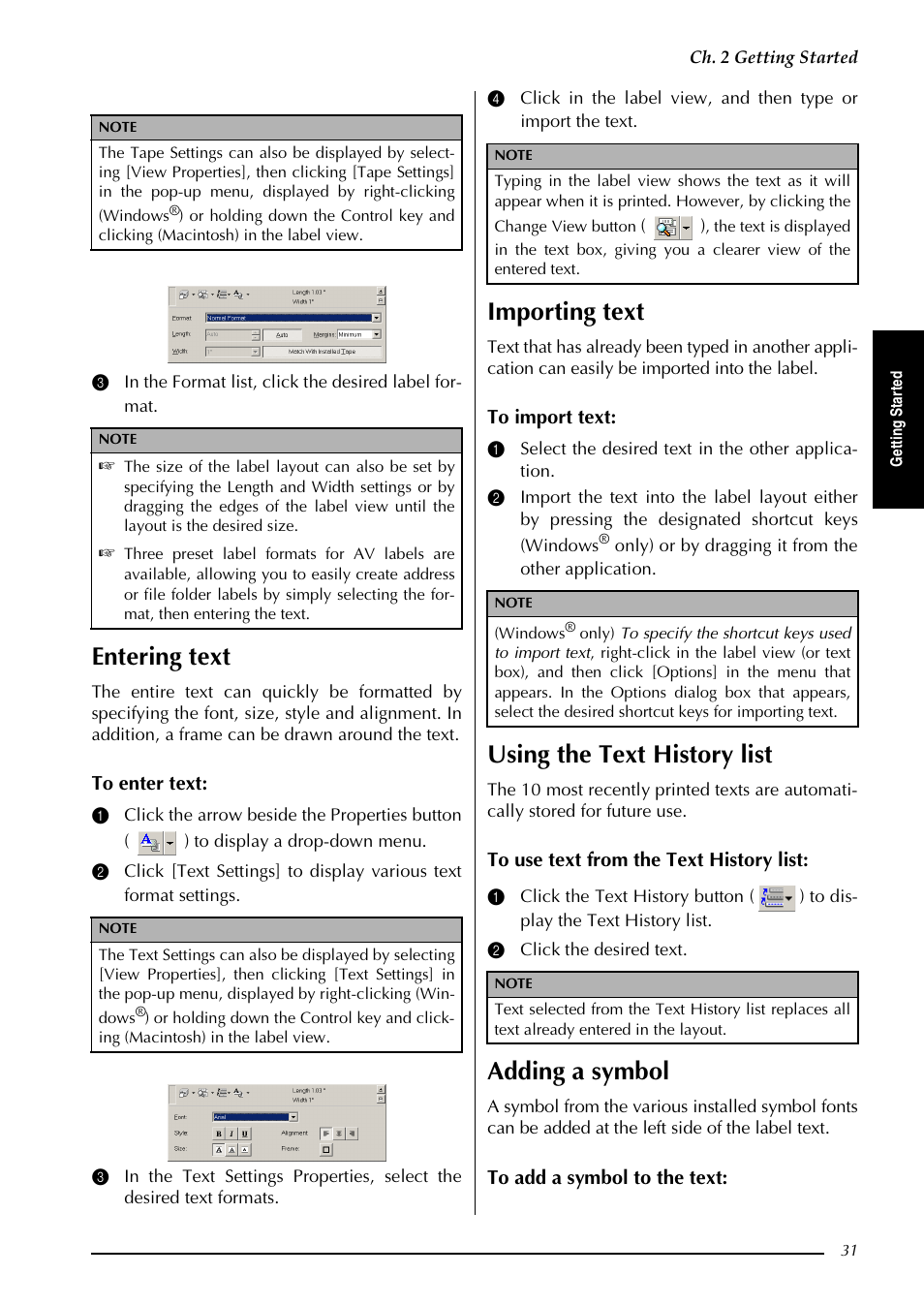 Entering text, Importing text, Using the text history list | Adding a symbol | Brother PT-3600 User Manual | Page 43 / 212