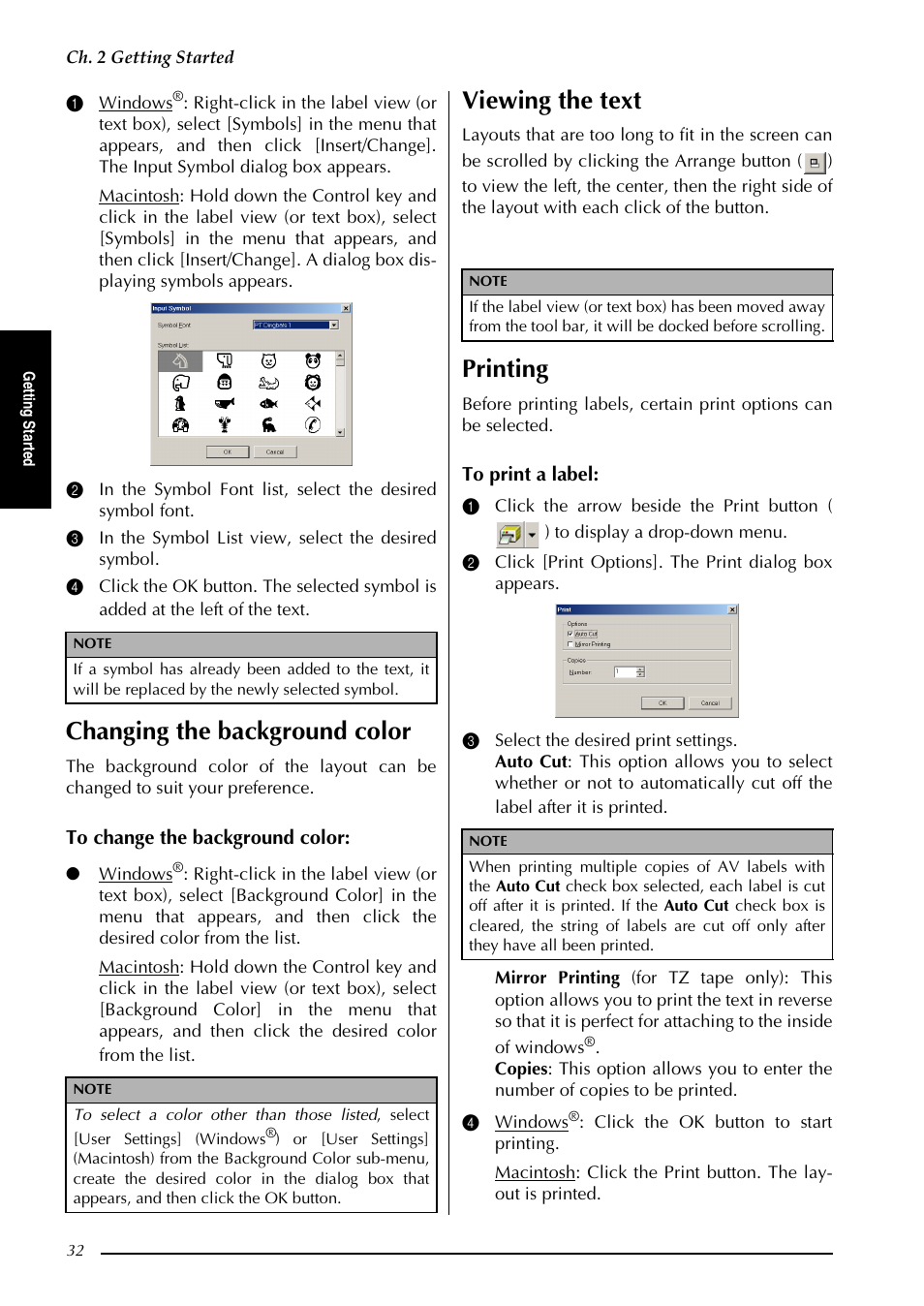 Changing the background color, Viewing the text, Printing | Brother PT-3600 User Manual | Page 44 / 212