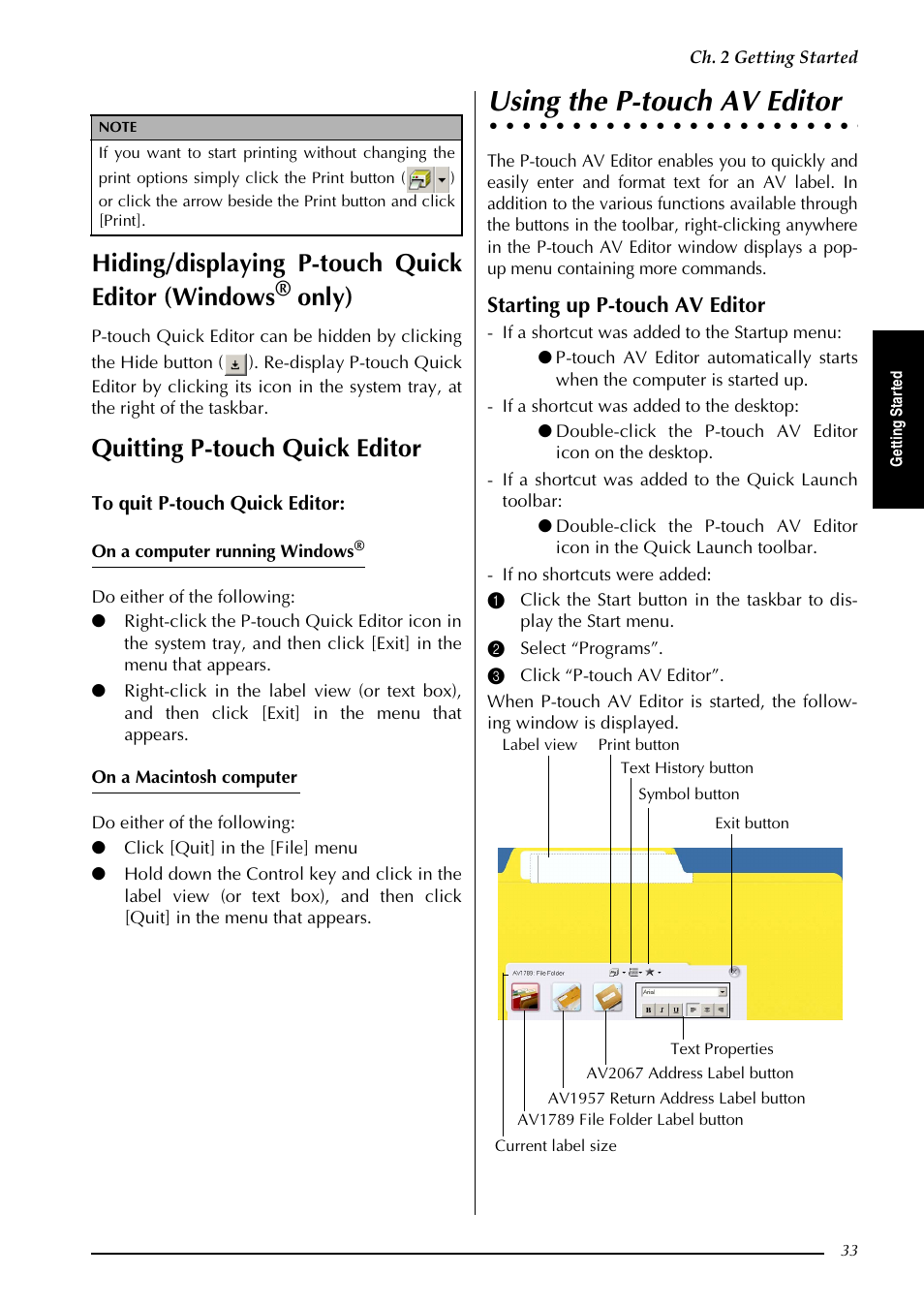 Using the p-touch av editor, Hiding/displaying p-touch quick editor (windows, Only) | Quitting p-touch quick editor, Starting up p-touch av editor | Brother PT-3600 User Manual | Page 45 / 212