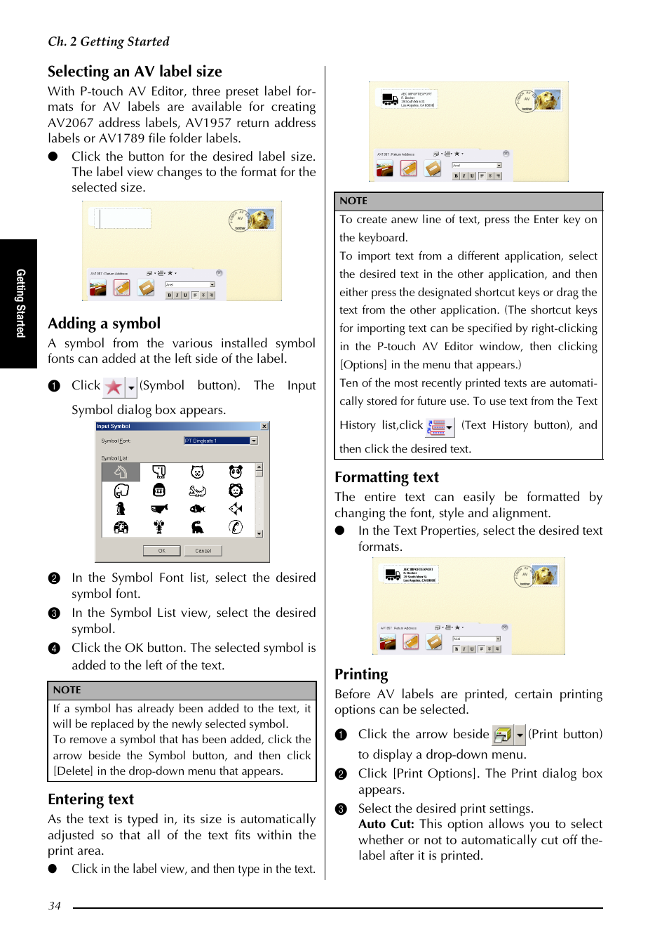 Selecting an av label size, Adding a symbol, Entering text | Formatting text, Printing | Brother PT-3600 User Manual | Page 46 / 212