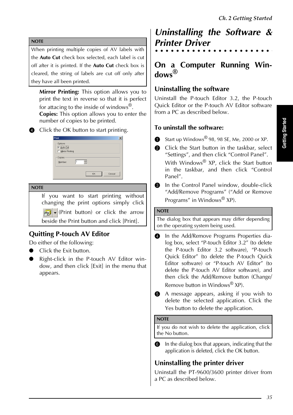 Uninstalling the software & printer driver, Uninstalling the software, Printer driver | On a computer running win- dows, Quitting p-touch av editor, Uninstalling the printer driver | Brother PT-3600 User Manual | Page 47 / 212