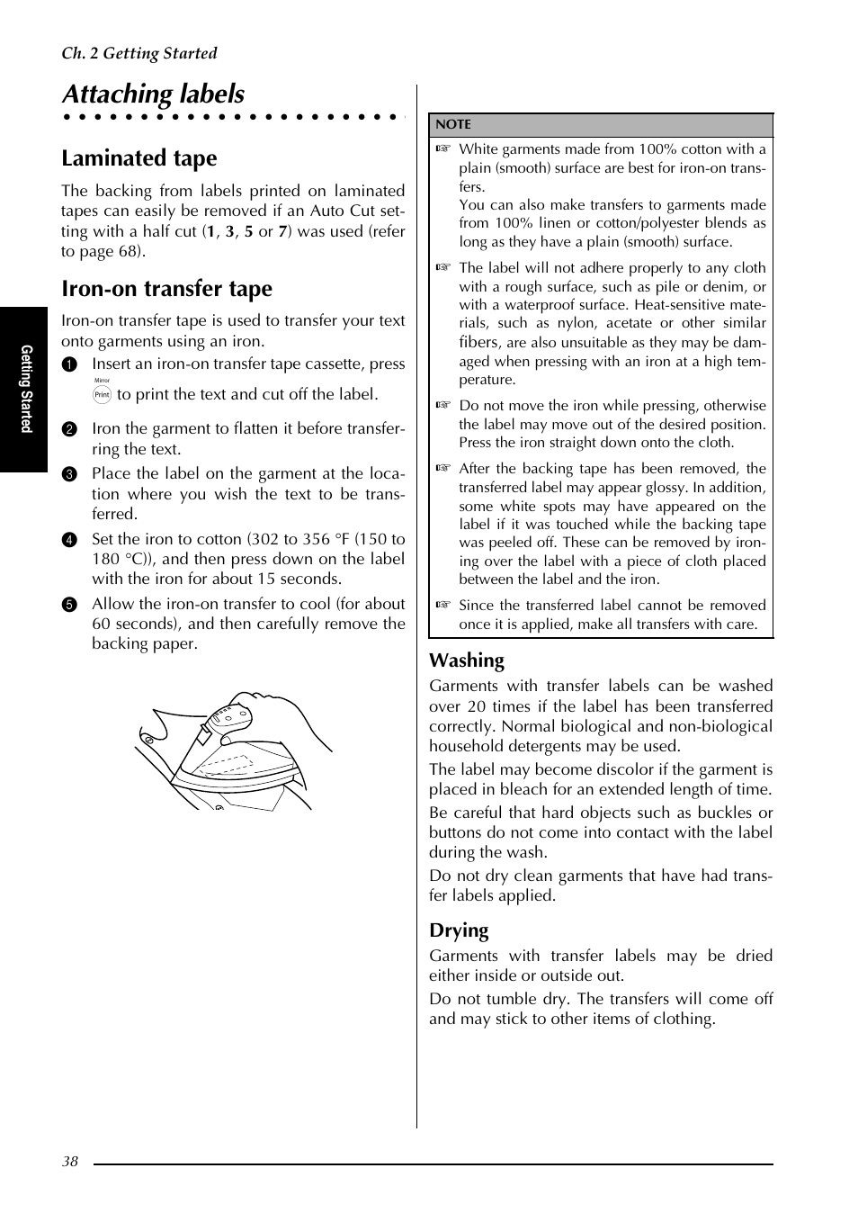 Attaching labels, Laminated tape, Iron-on transfer tape | Washing, Drying | Brother PT-3600 User Manual | Page 50 / 212