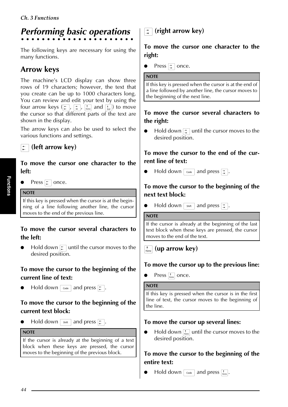 Performing basic operations, Arrow keys, J (left arrow key) | K (right arrow key), M (up arrow key) | Brother PT-3600 User Manual | Page 56 / 212