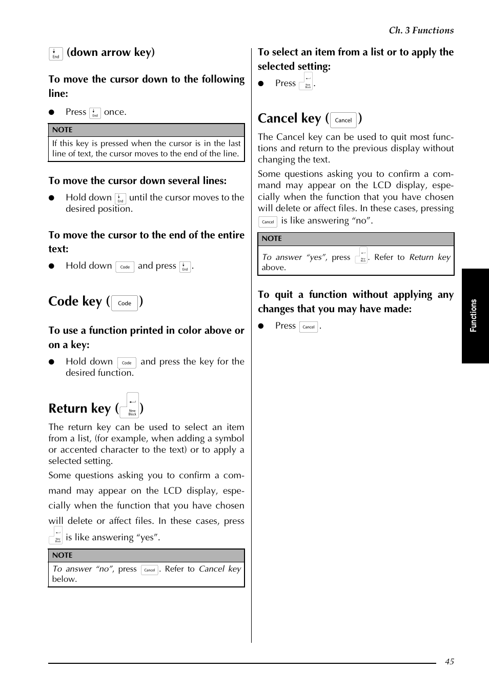 P. 45, Code key ( d ), Return key ( n ) | Cancel key ( e ), G (down arrow key) | Brother PT-3600 User Manual | Page 57 / 212