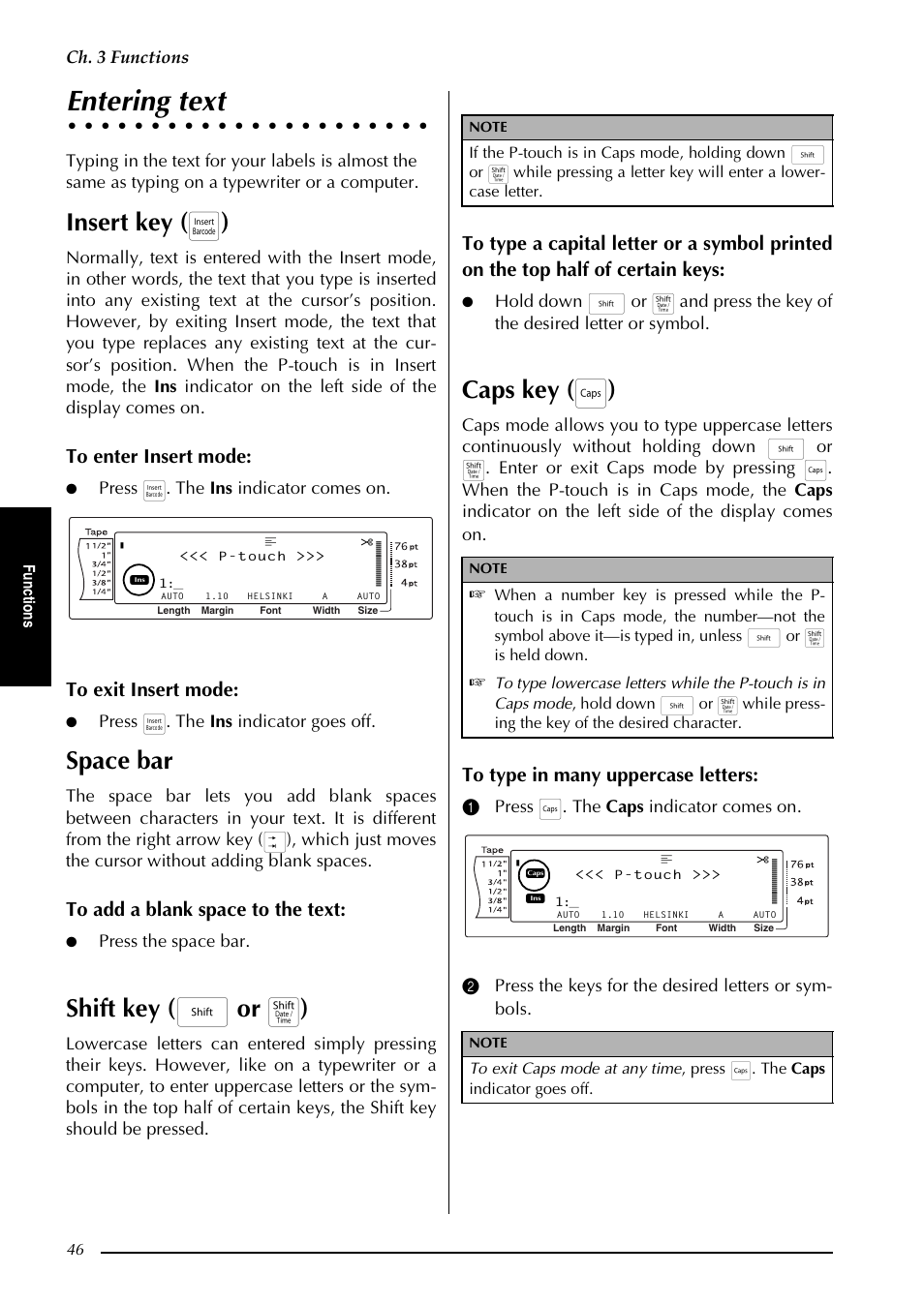 Entering text, P. 46, P.46 | Insert key ( i ), Space bar, Shift key ( h or t ), Caps key ( c ), Ch. 3 functions, Press i. the ins indicator comes on, Press i. the ins indicator goes off | Brother PT-3600 User Manual | Page 58 / 212