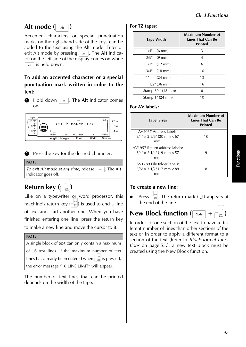 Alt mode ( a ), Return key ( n ), New block function ( d + n ) | Ch. 3 functions | Brother PT-3600 User Manual | Page 59 / 212