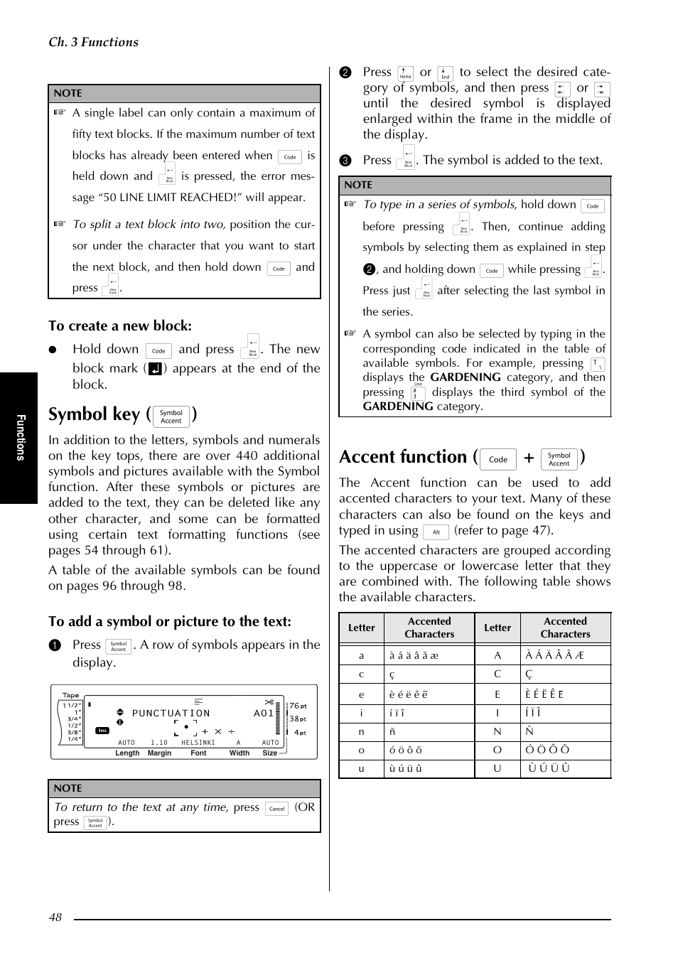 Symbol key ( s ), Accent function ( d + s ), Ch. 3 functions | Brother PT-3600 User Manual | Page 60 / 212