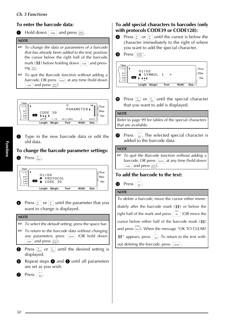 Ch. 3 functions, B press n, Fu nc ti o n s | Brother PT-3600 User Manual | Page 62 / 212