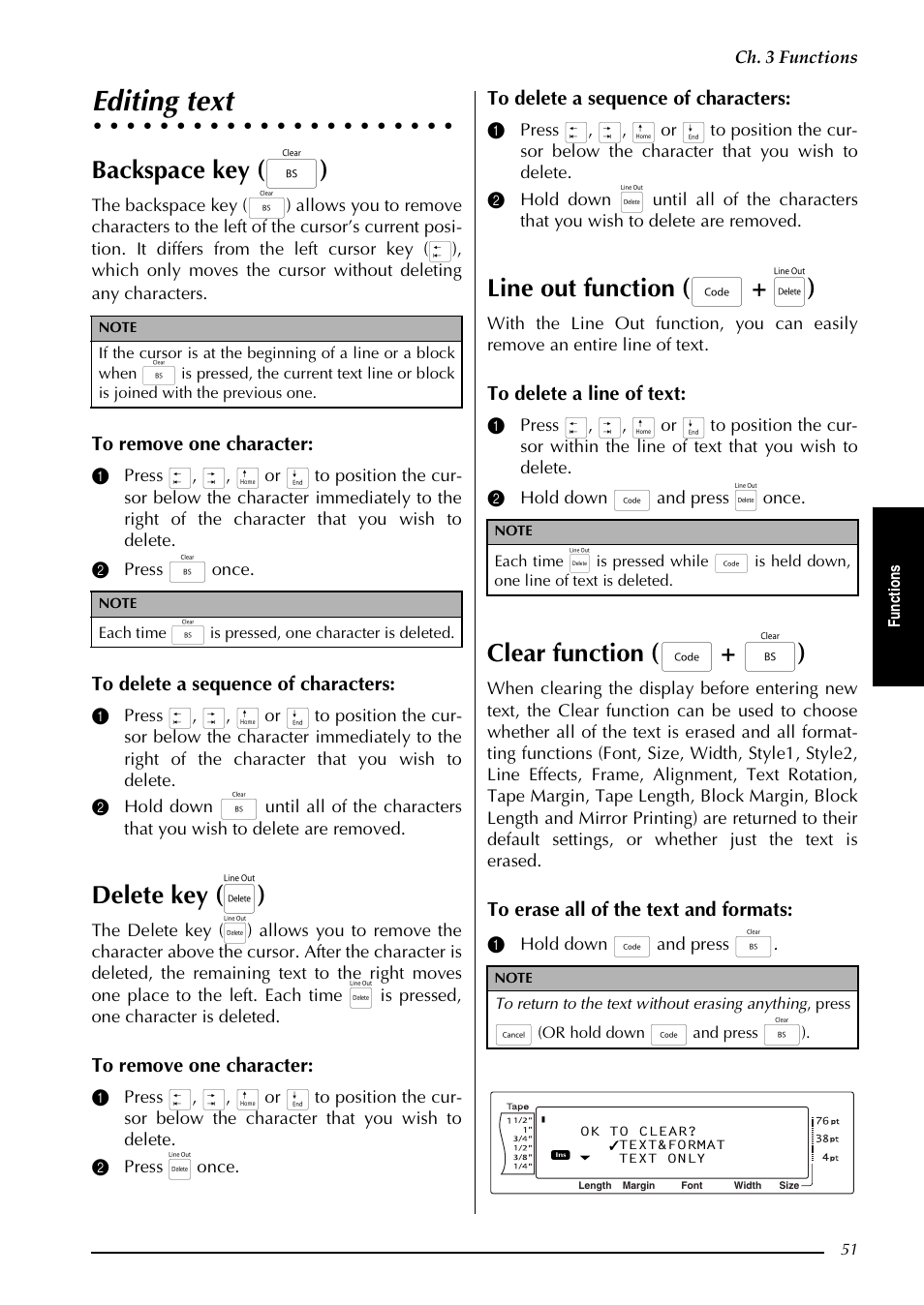 Editing text, Backspace key ( b ), Delete key ( q ) | Line out function ( d + q ), Clear function ( d + b ), Ch. 3 functions, 1 hold down d and press b | Brother PT-3600 User Manual | Page 63 / 212