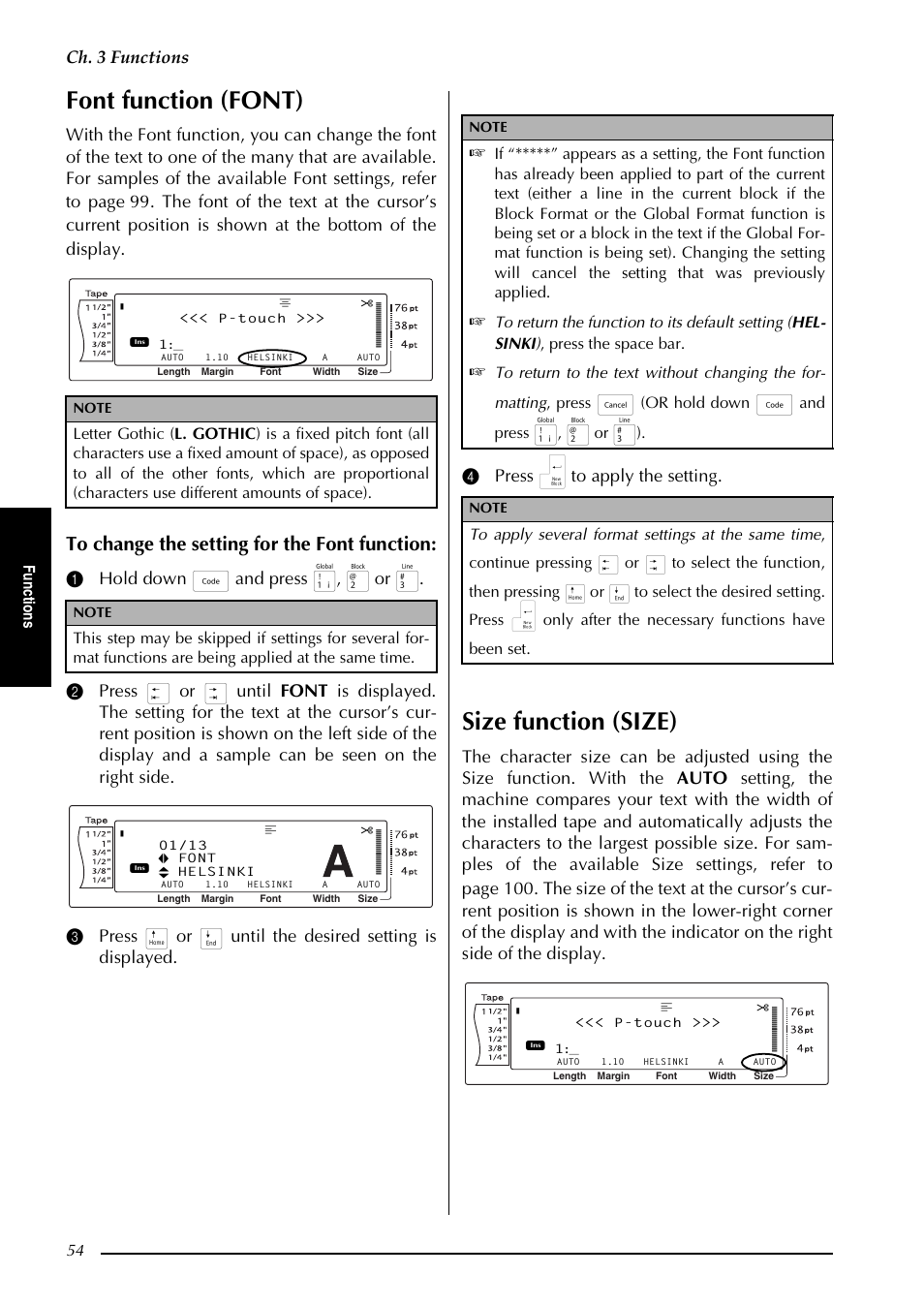 P. 54, Font function (font), Size function (size) | Ch. 3 functions, Fu nc ti o n s, Or hold down, And press | Brother PT-3600 User Manual | Page 66 / 212