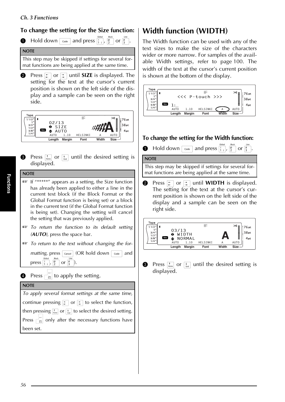 Width function (width), Ch. 3 functions, Fu nc ti o n s | Or hold down, And press | Brother PT-3600 User Manual | Page 68 / 212