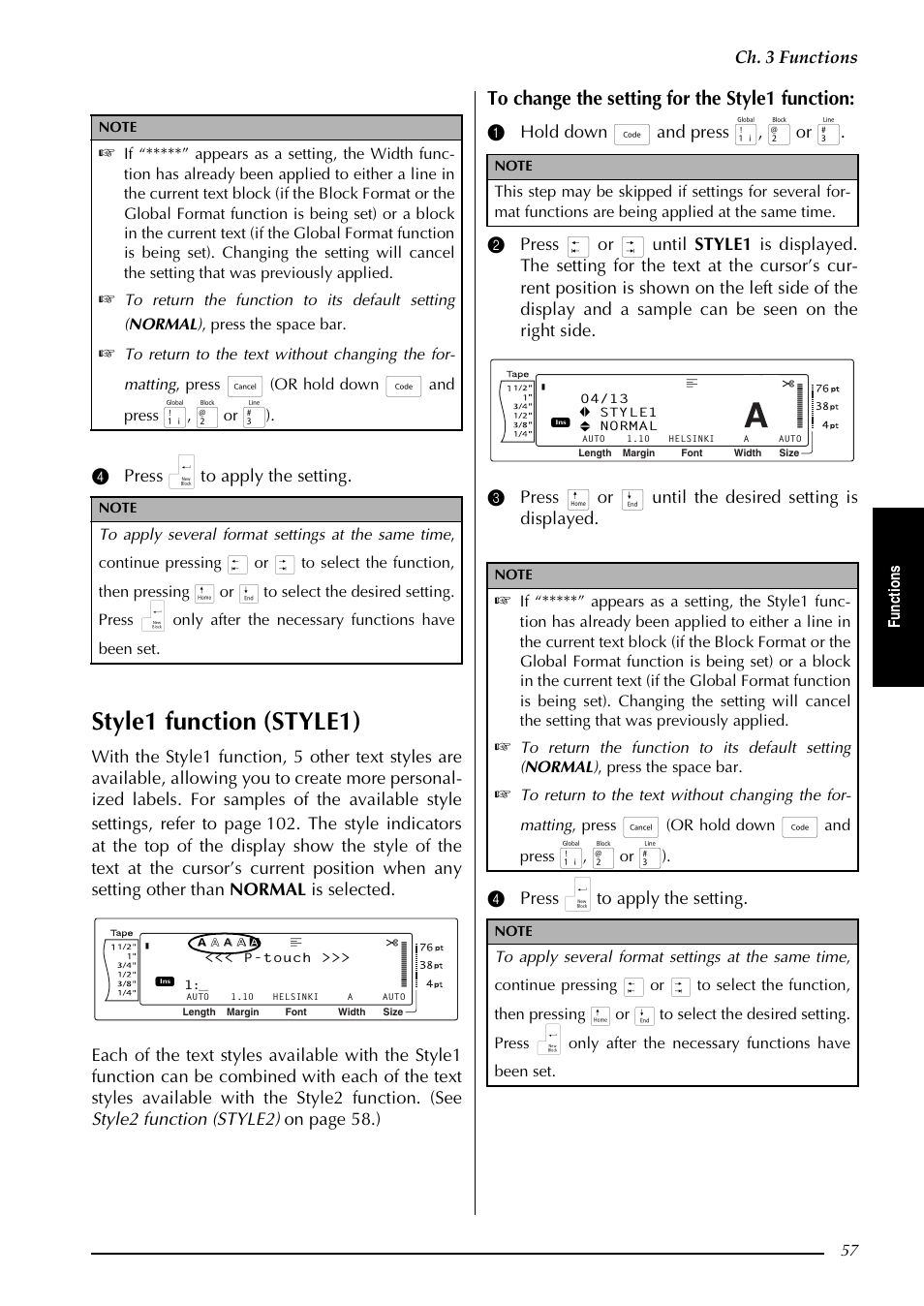 Style1 function (style1), Ch. 3 functions, 4 press n to apply the setting | Fu nc ti on s, Or hold down, And press | Brother PT-3600 User Manual | Page 69 / 212