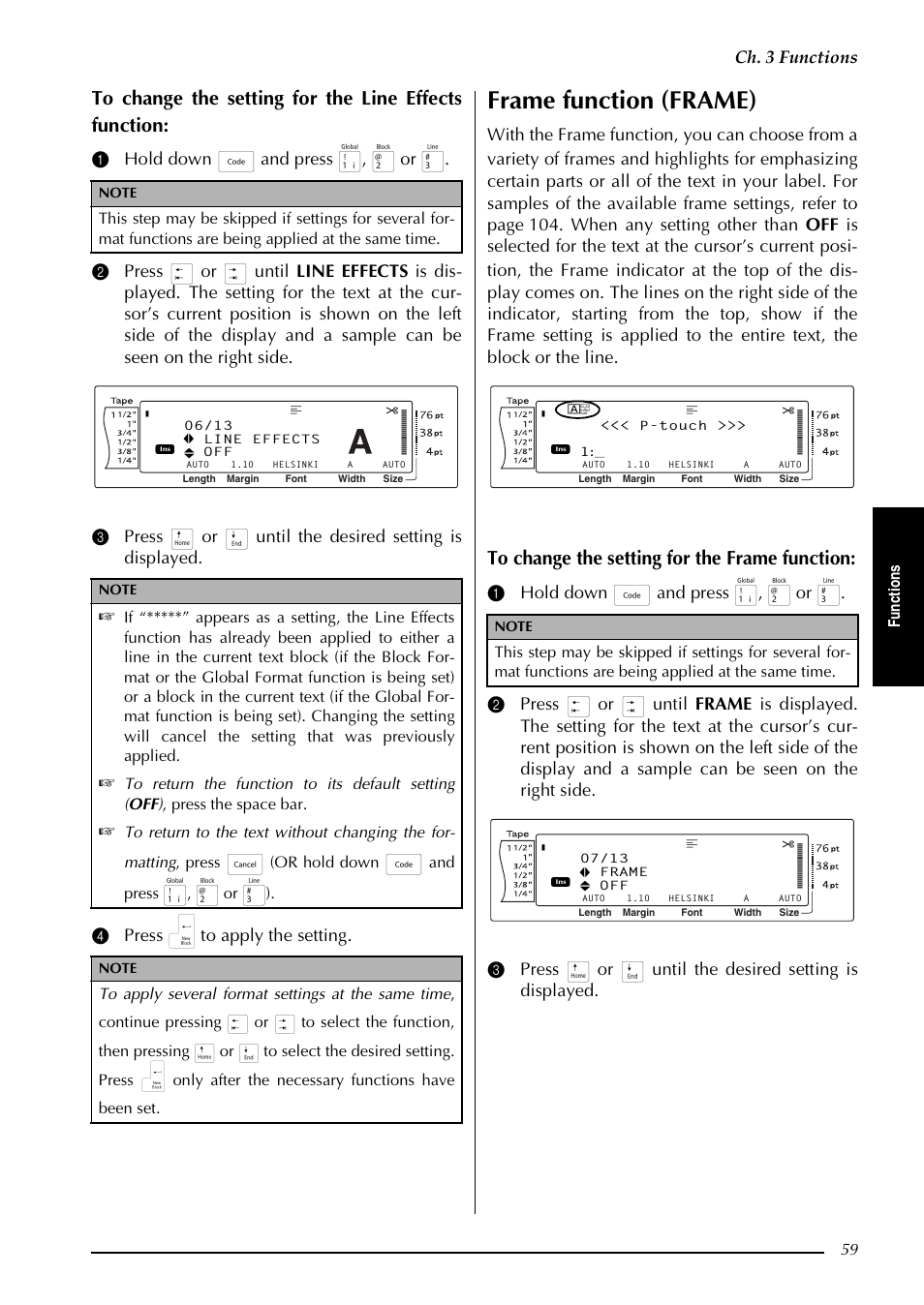 Frame function (frame), Ch. 3 functions, Fu nc ti on s | Or hold down, And press | Brother PT-3600 User Manual | Page 71 / 212