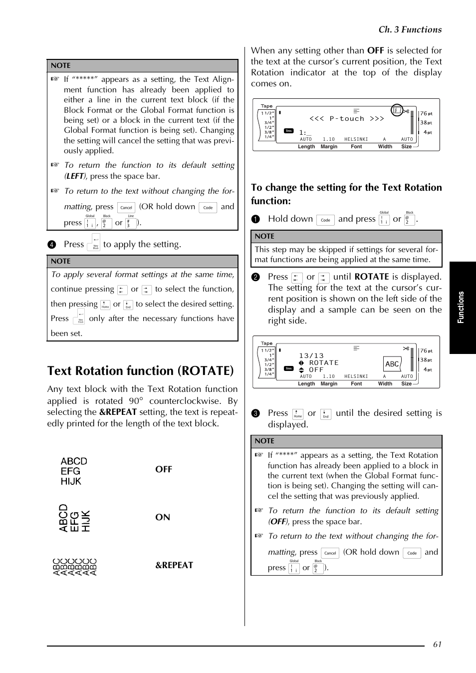 P. 61, 54 through 61, Text rotation function (rotate) | Ch. 3 functions, 4 press n to apply the setting, Off on &repeat, Fu nc ti on s, Or hold down, And press | Brother PT-3600 User Manual | Page 73 / 212