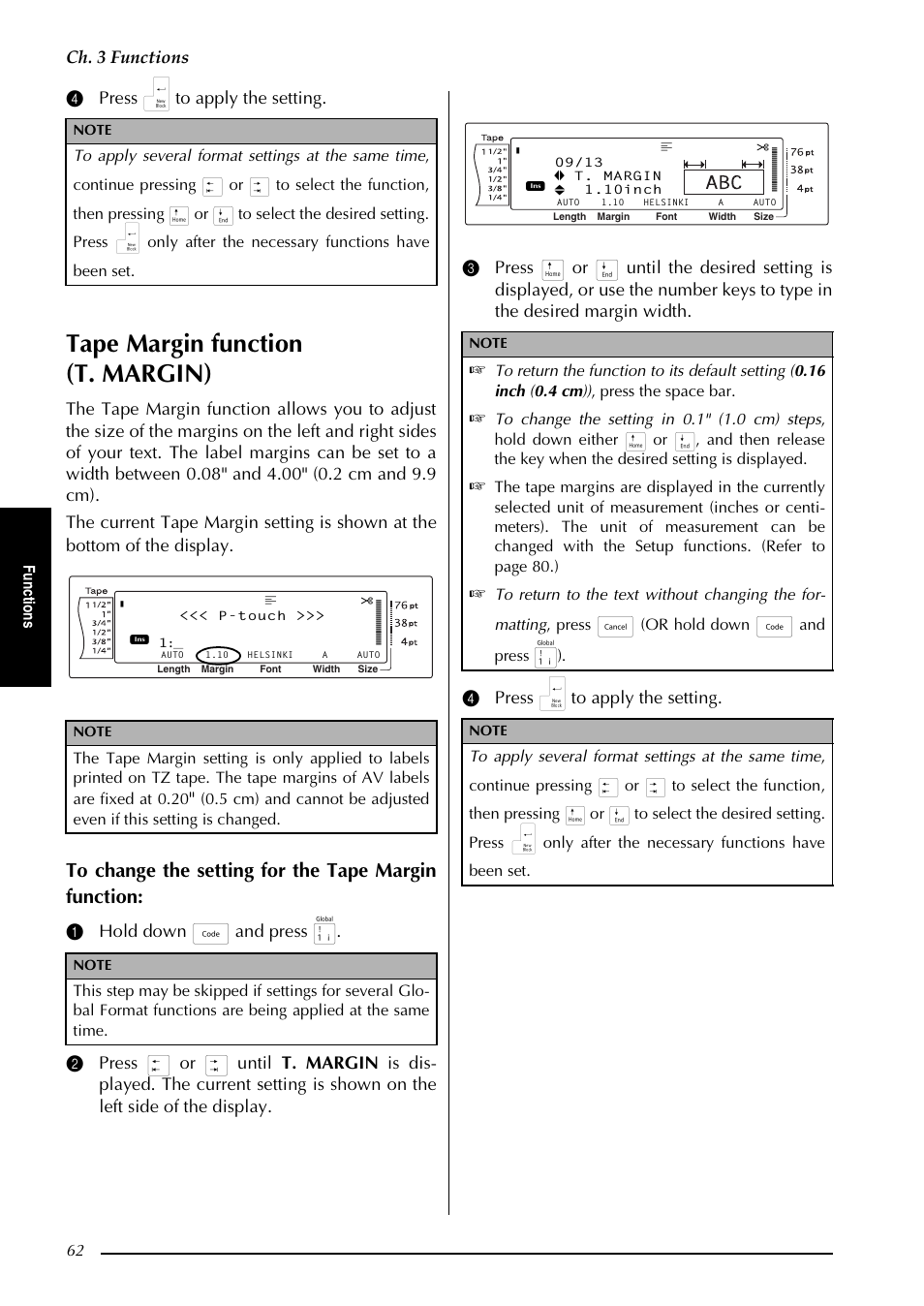 P. 62, Tape margin function (t. margin), Ch. 3 functions | 4 press n to apply the setting, Fu nc ti o n s, Or hold down, And press | Brother PT-3600 User Manual | Page 74 / 212