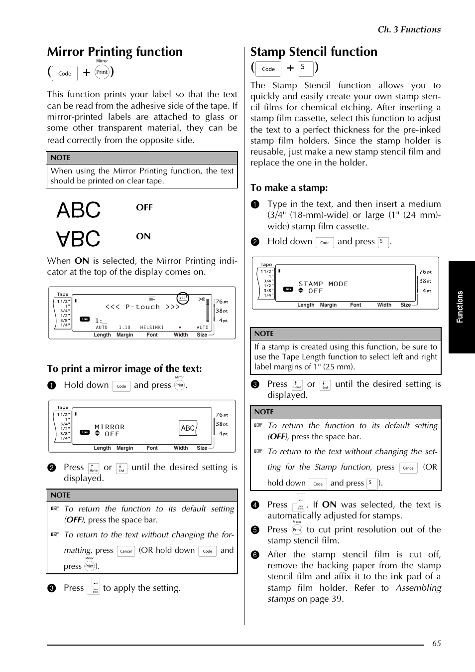 P. 65, Mirror printing function ( d + p ), Stamp stencil function ( d + s ) | Ch. 3 functions, Off on, Fu nc ti on s, Or hold down, And press | Brother PT-3600 User Manual | Page 77 / 212