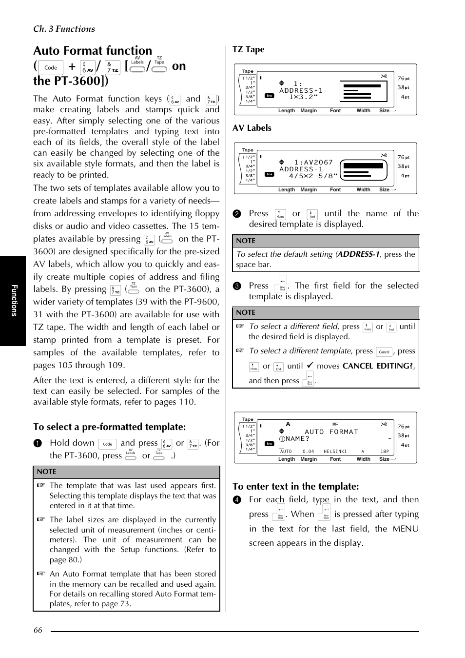 Ch. 3 functions, Fu nc ti o n s, Moves cancel editing? , and then press n | Brother PT-3600 User Manual | Page 78 / 212