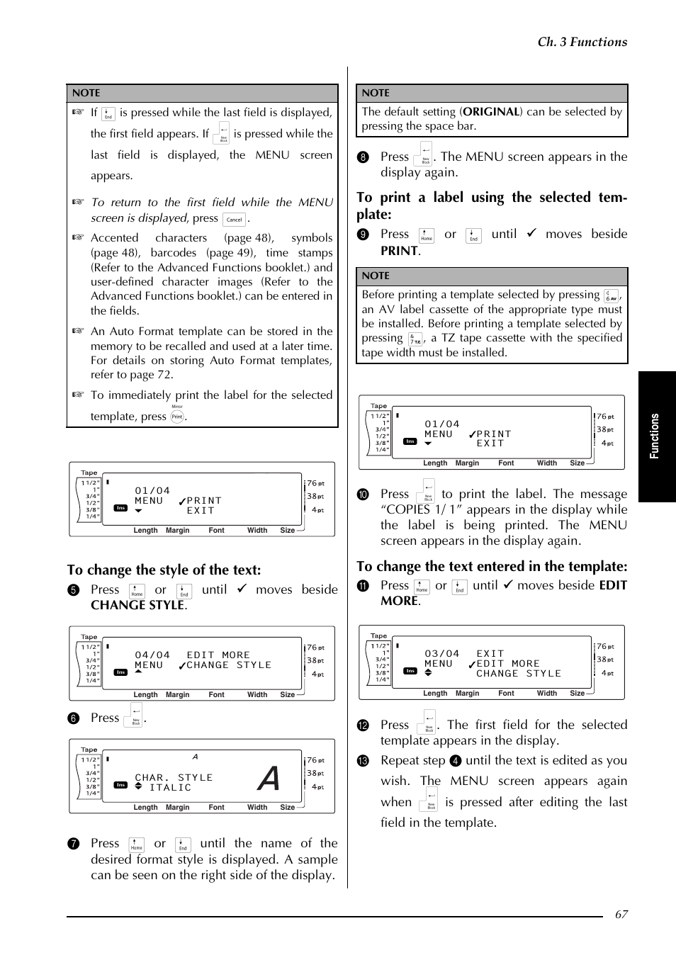 Ch. 3 functions, Fu nc ti on s | Brother PT-3600 User Manual | Page 79 / 212