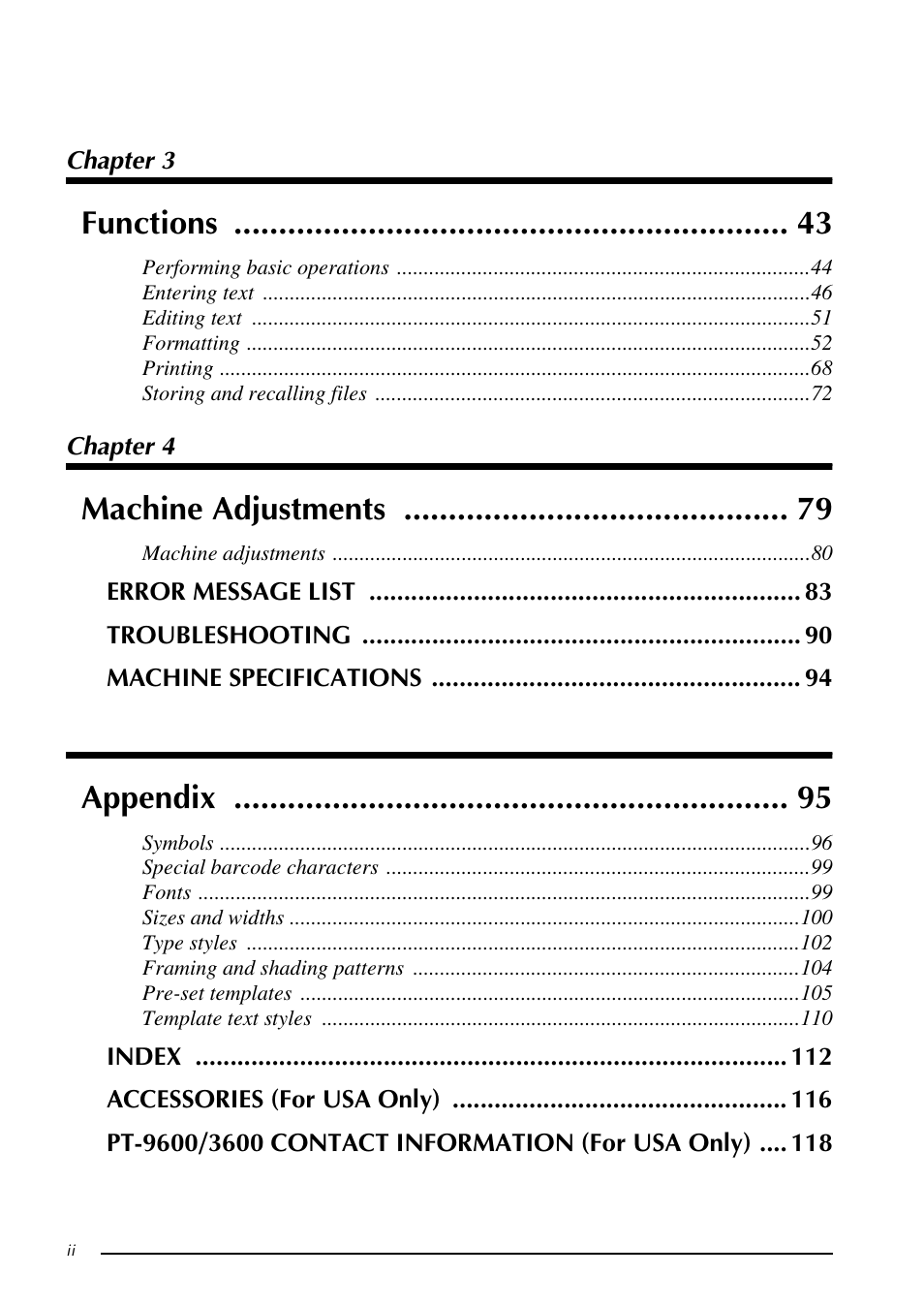 Functions, Machine adjustments, Appendix | Brother PT-3600 User Manual | Page 8 / 212
