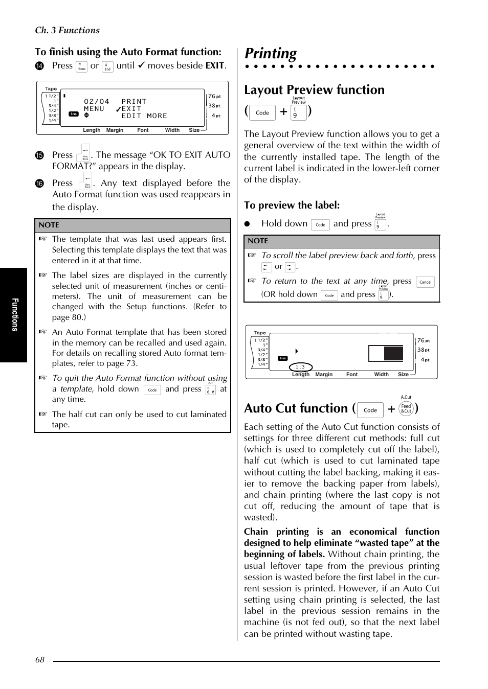 Printing, Layout preview function ( d, Auto cut function ( d | Ch. 3 functions, Hold down d and press 9, Fu nc ti o n s, Or hold down d and press 9) | Brother PT-3600 User Manual | Page 80 / 212