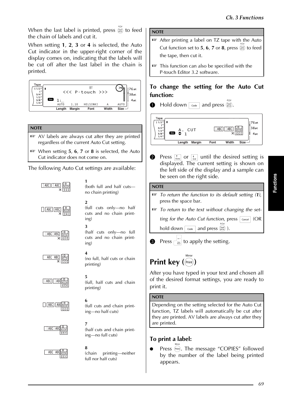 Print key ( p ), Ch. 3 functions, When the last label is printed, press | Fu nc ti on s, Or hold down, And press | Brother PT-3600 User Manual | Page 81 / 212