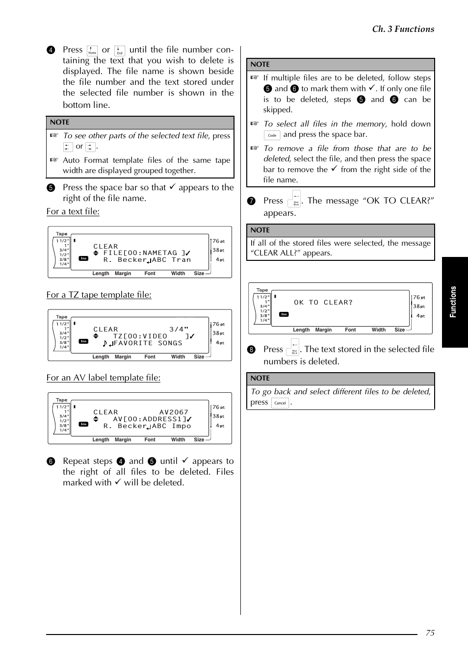 Ch. 3 functions, Fu nc ti on s, If multiple files are to be deleted, follow steps | If only one file is to be deleted, steps, Can be skipped | Brother PT-3600 User Manual | Page 87 / 212